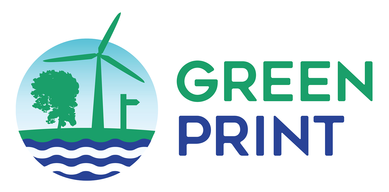 Greenprint Forum logo - an illustration representing the sea, green land, a tree, a public footpath sign and a wind turbine all in blue and green