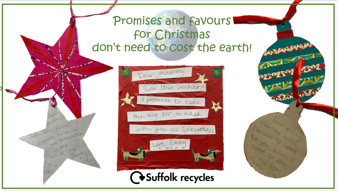 A number of handmade Christmas decorations, the graphic includes the words "promises and favours for Christmas don't need to cost the earth!"