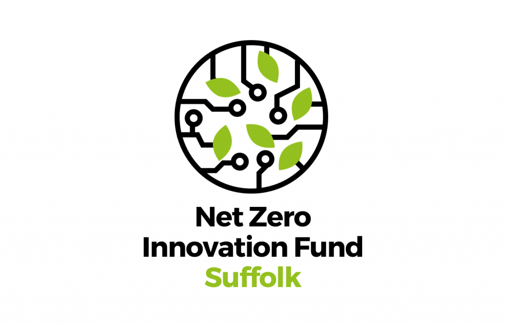 A circular logo representing a circuit board with green leaves. Underneath the words "Net Zero Innovation Fund Suffolk"
